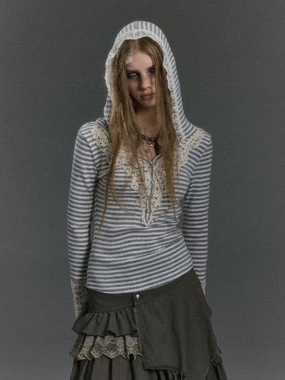 Lace Patchwork Striped Knit Top【s0000019240】