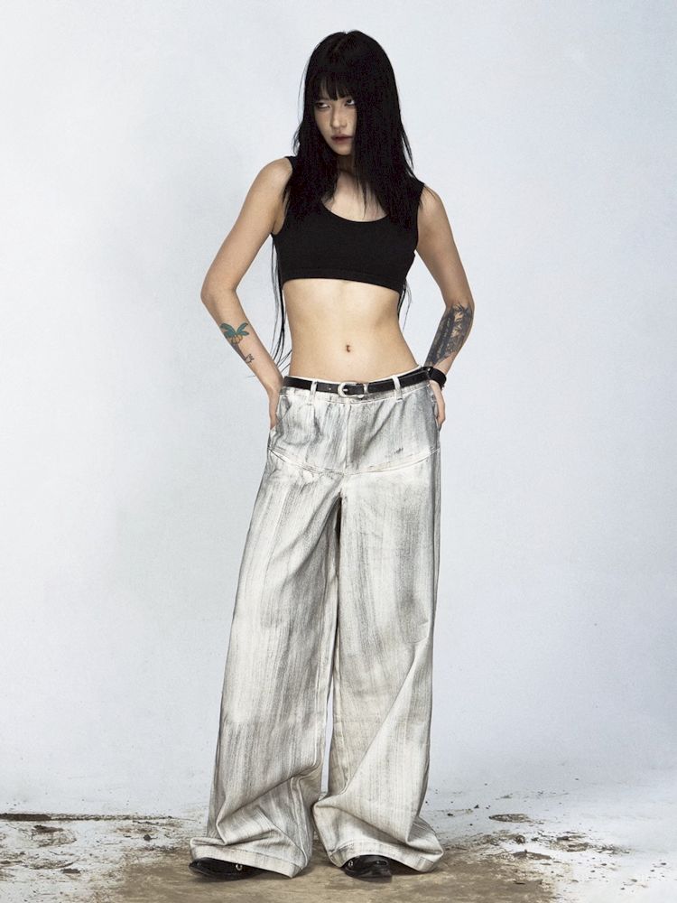 Stained Brushed Colour Straight Wide Leg Jeans【s0000008489】