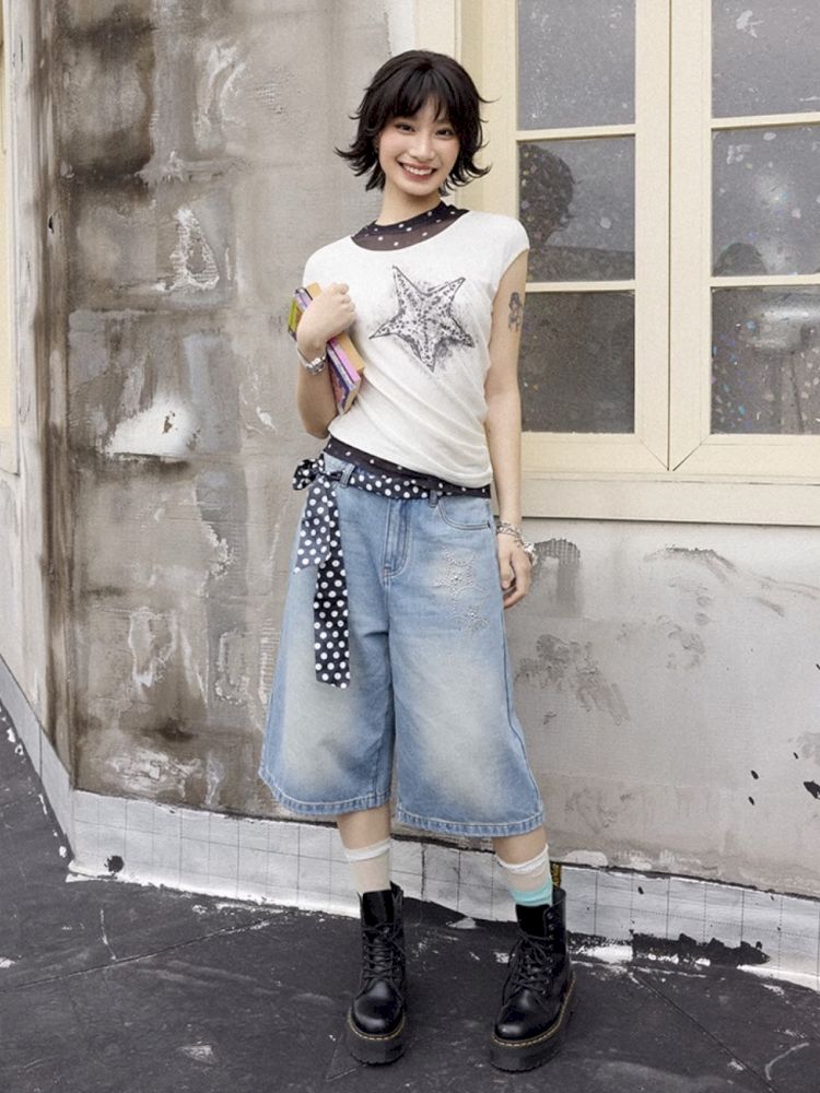 Starfish hot drill denim wide-leg shorts【s0000012288】