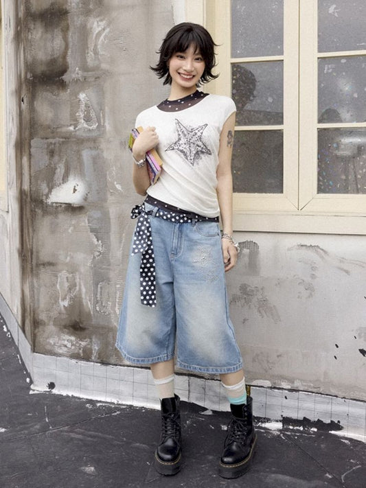 Starfish hot drill denim wide-leg shorts【s0000012288】