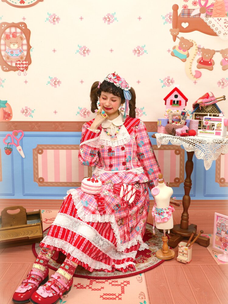 Red Pink Check Lace Skirt Blazer【s0000015574】