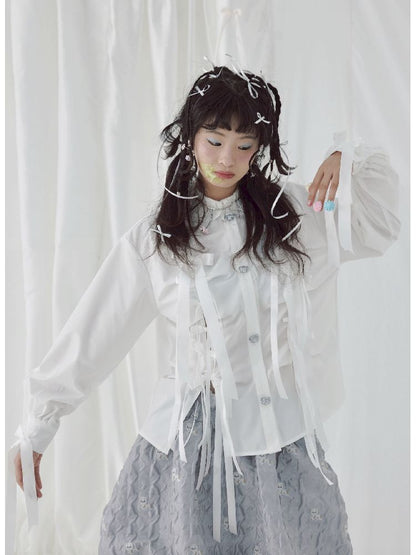 Bow Ribbon Pleated Cute Metal Button Blouse【s0000004650】