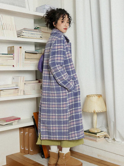 Plaid Long Purple Wool Coat【s0000013986】
