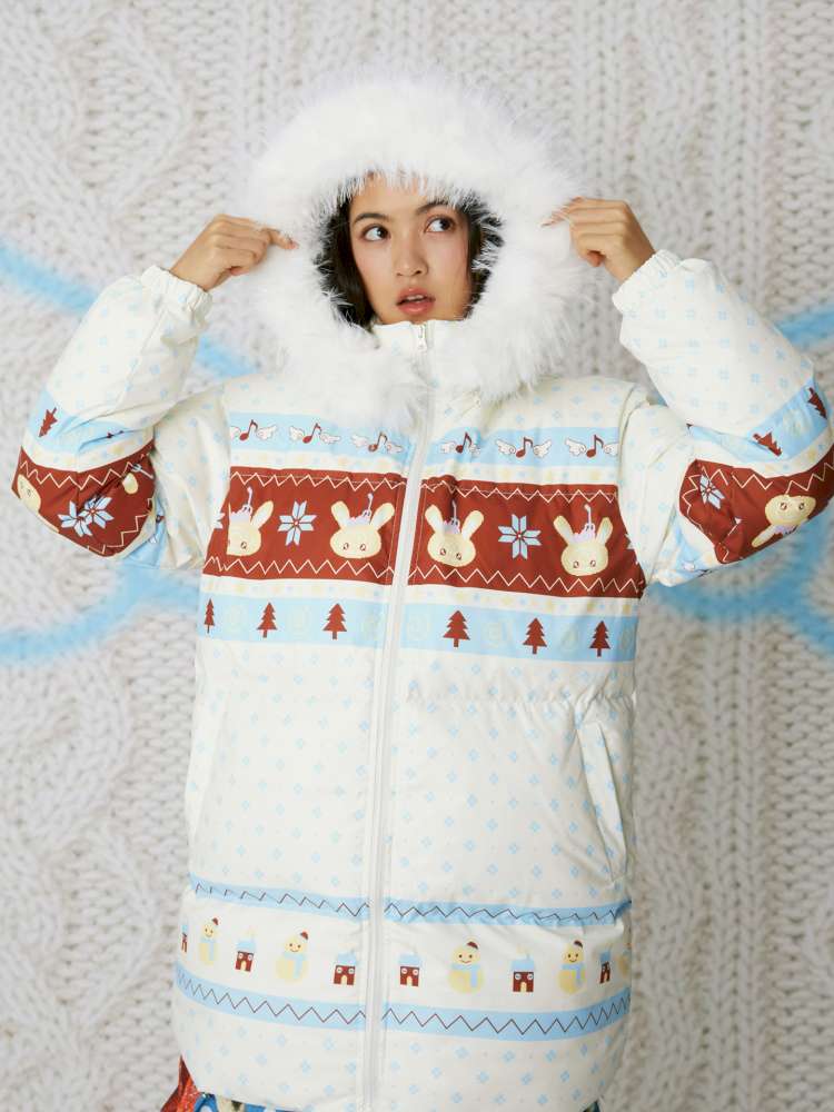 Fair Isle White Hooded Print Down Jacket【s0000014858】
