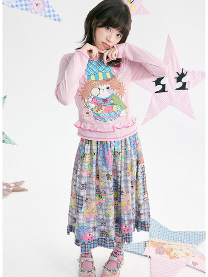 Pink Illustration Lace Long Sleeve T-Shirt【s0000018373】