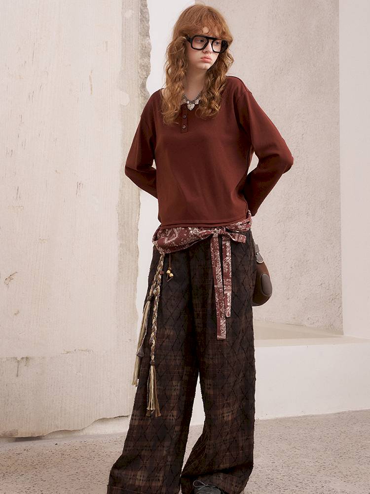 Textured straight leg loose plaid trousers【s0000014384】