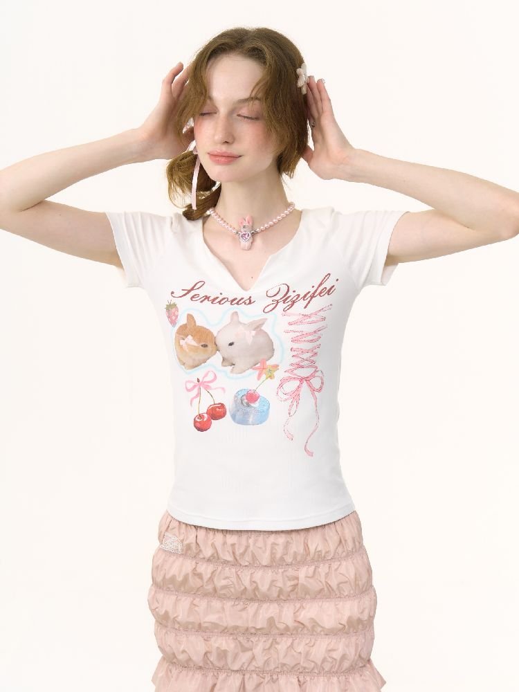 V-neck Rabbit Print Slim Thin Tops【s0000012252】