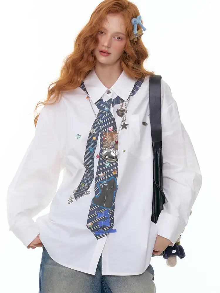 Loose tie print white long sleeve shirt【s0000014350】