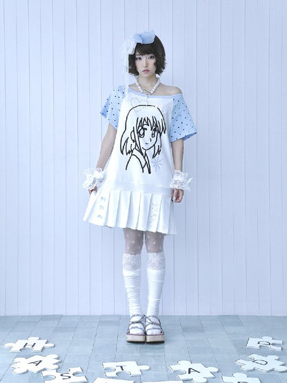 Blue White Pixel Pleated Dress【s0000016546】