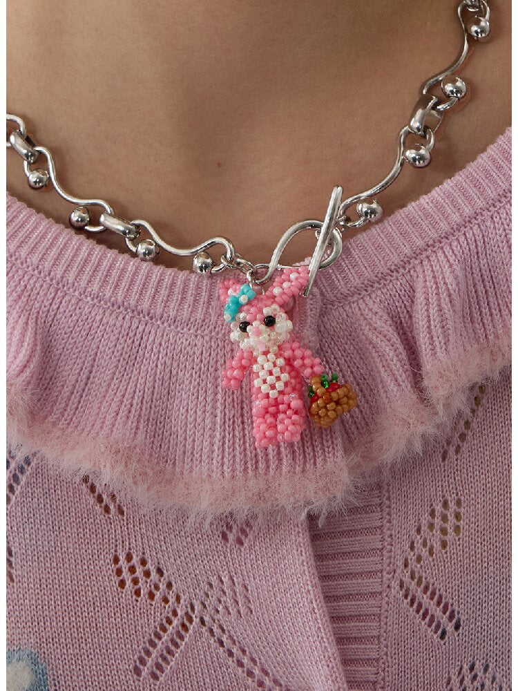Handmade Pink Beaded Bunny Necklace【s0000016188】