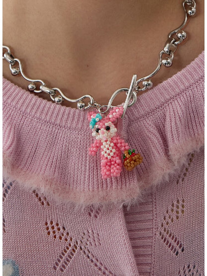 Handmade Pink Beaded Bunny Necklace【s0000016188】