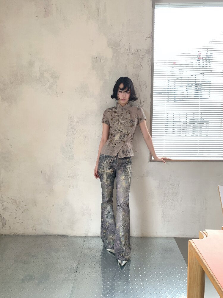 Leopard Cross Cotton Flared Pants【s0000018087】