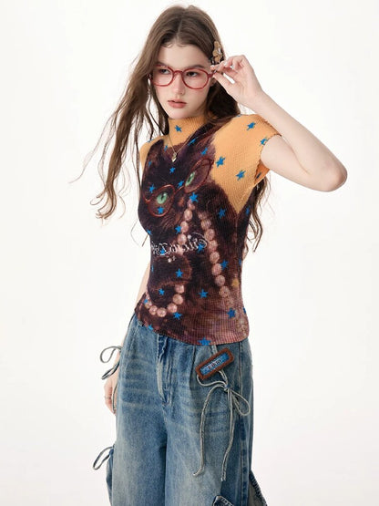 Star Cat Print Pleated T Shirt【s0000017314】