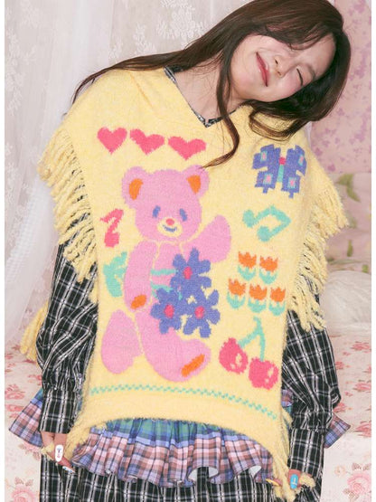 Yellow Bear Knit Shawl Tassel Hooded Cape【s0000014821】