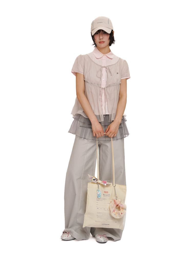 Lace Bottom Hem Slim Short Sleeve Shirt【s0000012487】