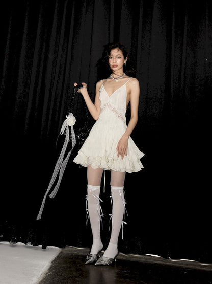 Hollowed out lace cream white girly halter dress【s0000013215】