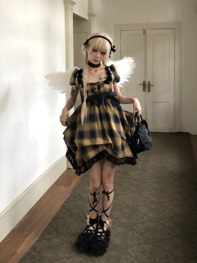 Plaid Puff Sleeve Lantern Dress【s0000016892】