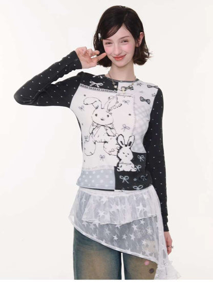 Rabbit Print Bow Contrast Top【s0000015433】