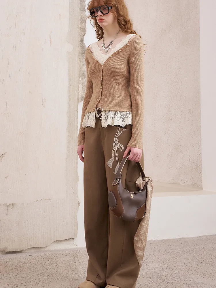 Slim-Fit V-Neck Off-Shoulder Knit Cardigan【s0000014061】