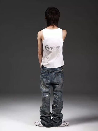 Rust Blue Oil Stained Flared Jeans【s0000018299】