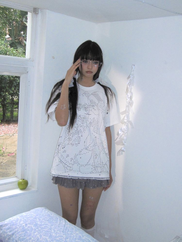 BLACK AND WHITE LOOSE LACE T-SHIRT [S0000009271]