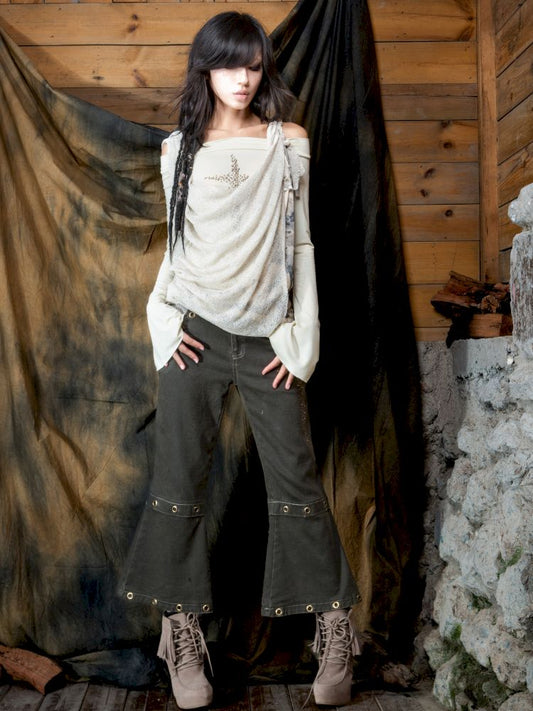 Military Green Cropped Flared Pants【s0000013894】