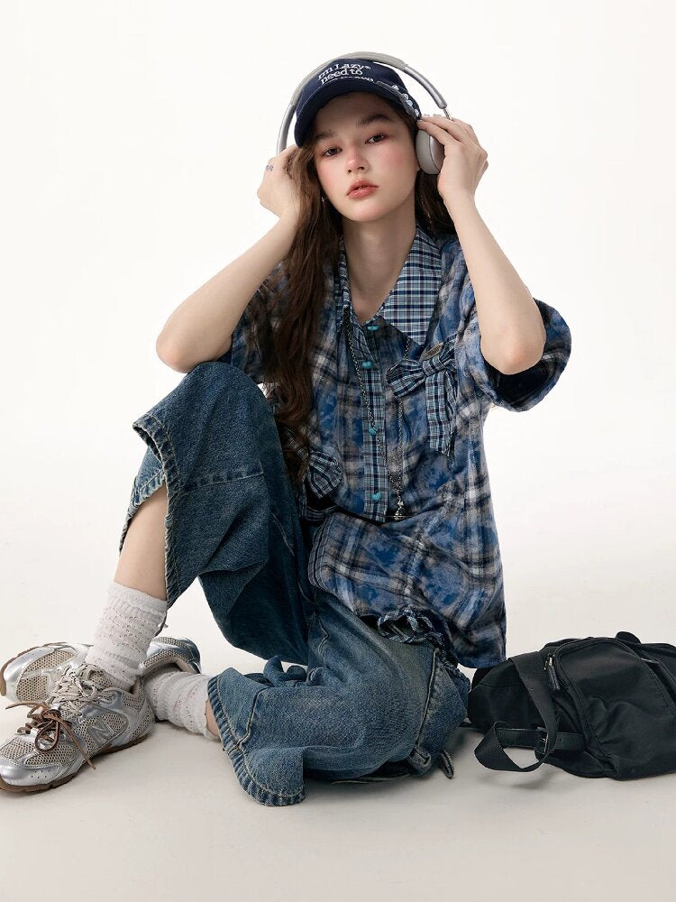 Blue Plaid Bow Preppy Style Shirt【s0000017308】