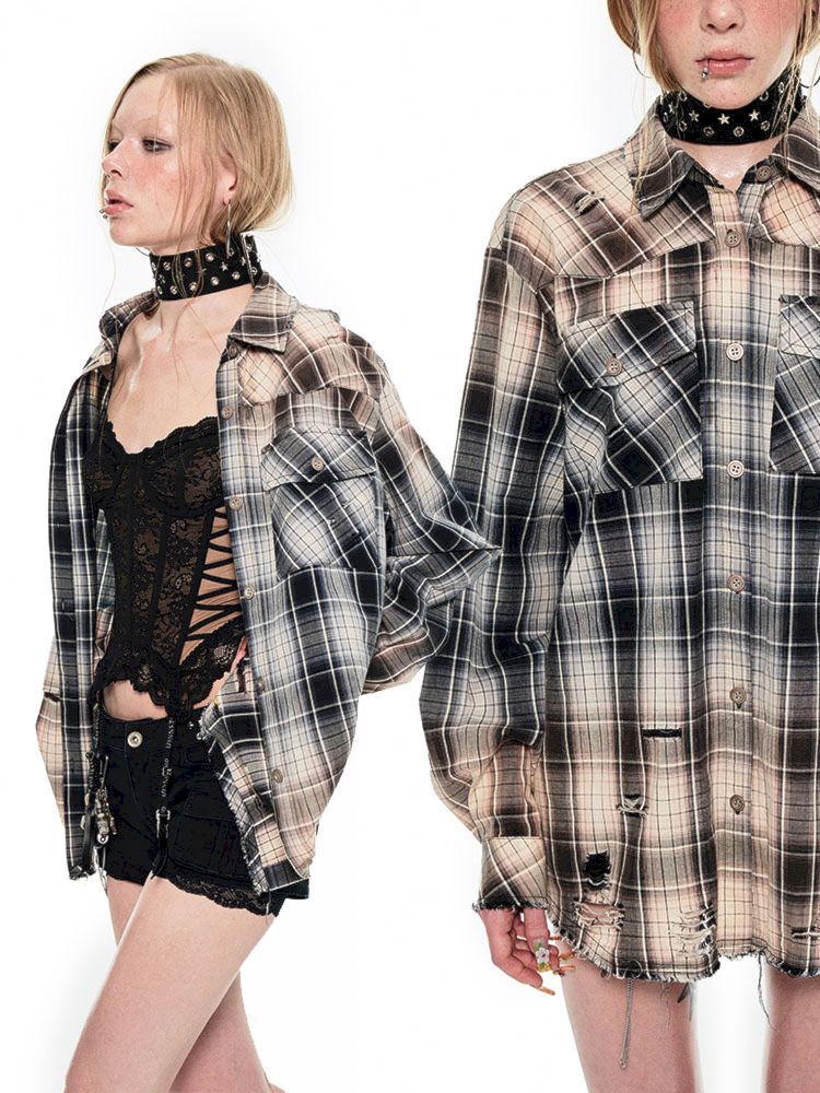 Washed do old plaid long-sleeved shirt【s0000009712】