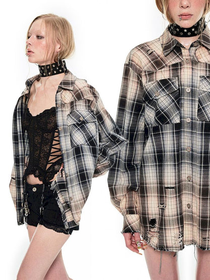 Washed do old plaid long-sleeved shirt【s0000009712】