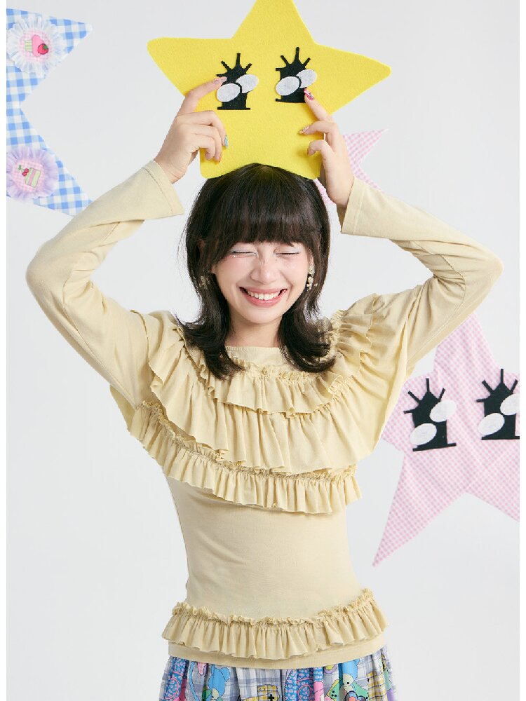 Yellow Pleated Off Shoulder Base T-Shirt【s0000018371】