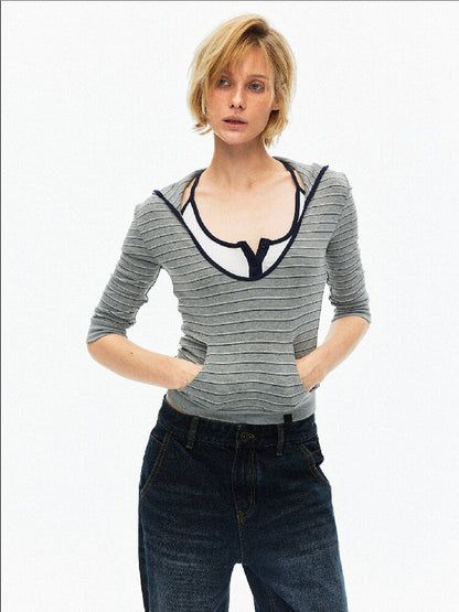 U-Neck Contrast Hooded Knit Top【s0000015918】