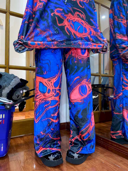 Blue Cell Plush Print Wide-Leg Pants【s0000014869】