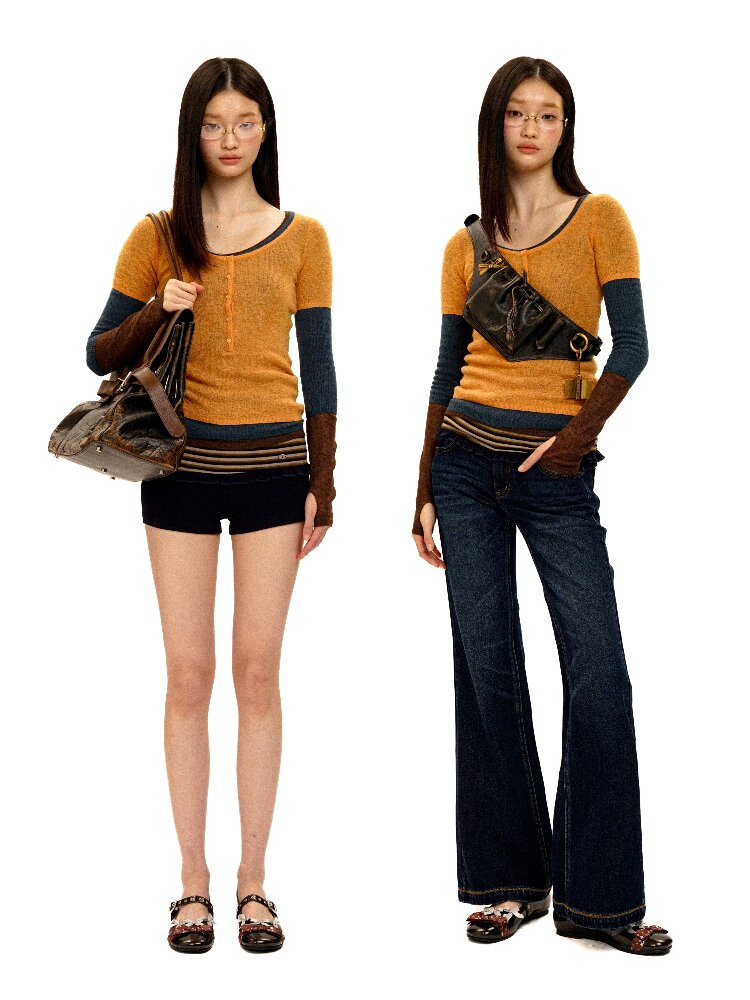 Lightweight U-neck Contrast Sweater【s0000016096】