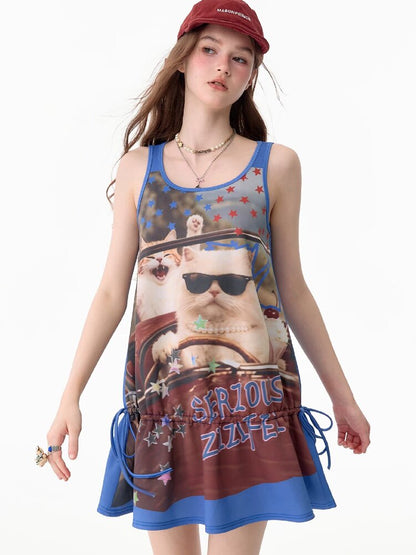 American Cat Print Vintage Tank Dress【s0000017676】
