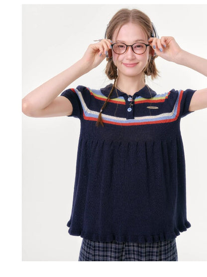 Doll Collar Knitted Slim T-Shirt【s0000016609】