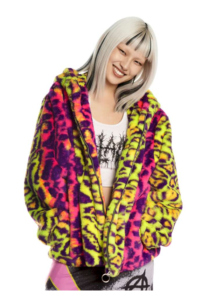 Fluorescent Neon Leopard Print Fur Hooded Jacket【s0000014912】