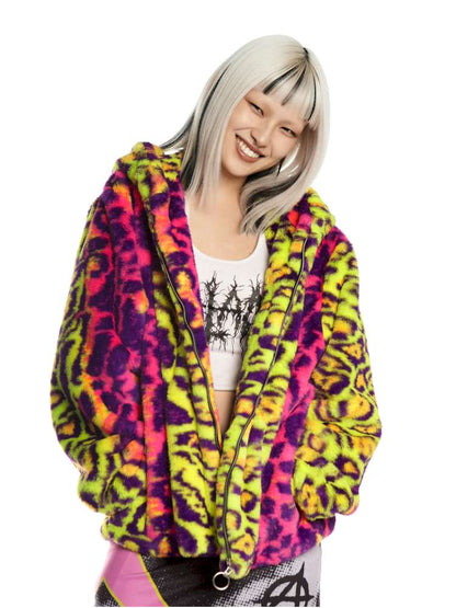 Fluorescent Neon Leopard Print Fur Hooded Jacket【s0000014912】