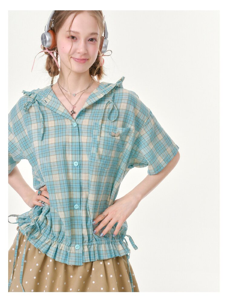 Ruffle Hem Hooded Plaid Shirt【s0000016619】