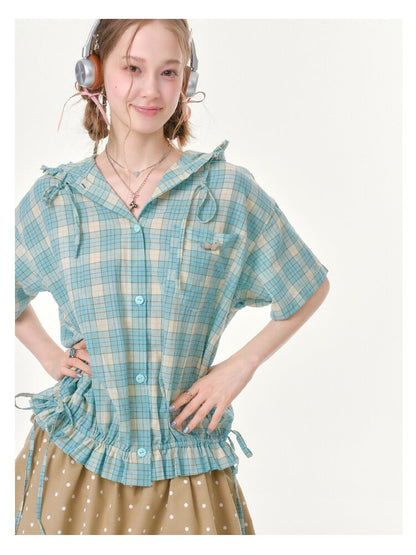 Ruffle Hem Hooded Plaid Shirt【s0000016619】