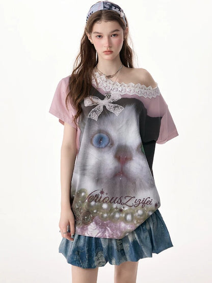 Lace Patchwork Cat Print Loose T【s0000017316】