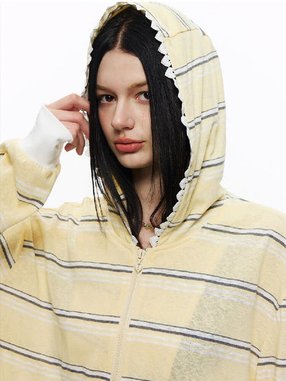 Striped Love Lace Hooded Cardigan【s0000015867】