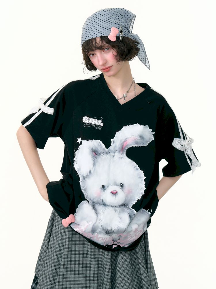 Rabbit print v-neck black short sleeve t-shirt【s0000013380】