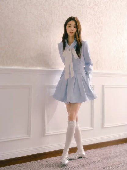 Tie-Front Short Jacket with High-Waisted Structured Pleated Puffy Skirt【s0000014341】