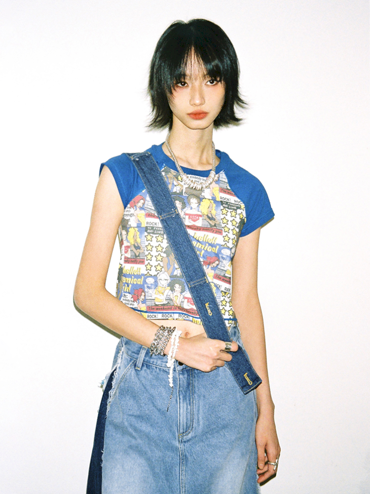 Manga Full Print Short Plunging Short Sleeve T-Shirt【s0000012433】