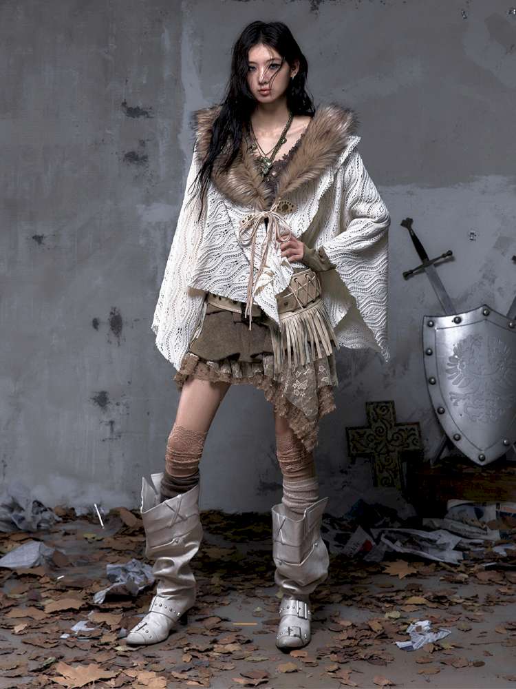 Knit Fur Collar Shawl Cape【s0000014659】