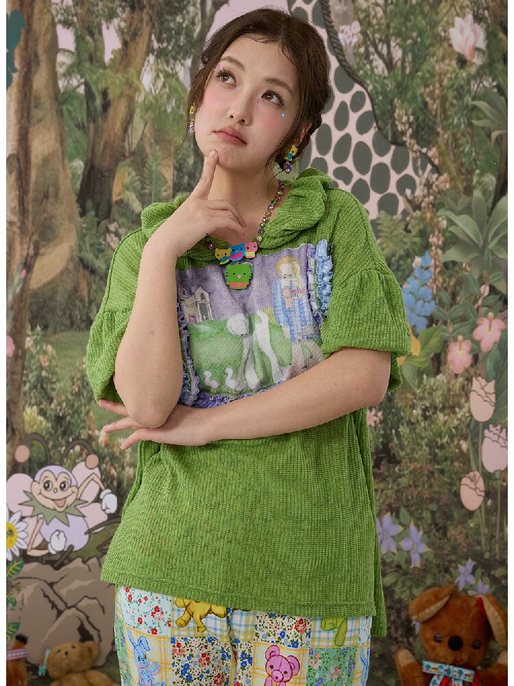 Hand Painted Print Lace Pleated Top【s0000017121】