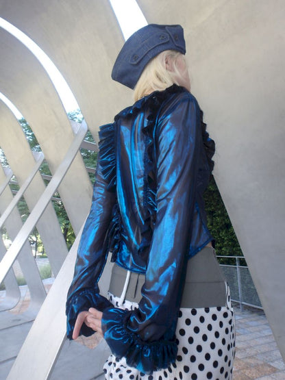 Metallic-colored broken polarized blue mesh cardigan【s0000013178】