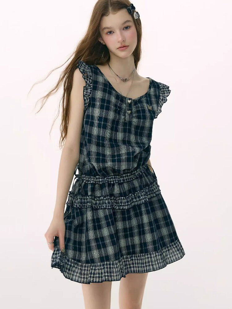Spliced Plaid Flying Sleeve Dress【s0000016844】