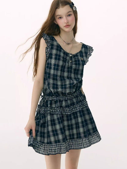 Spliced Plaid Flying Sleeve Dress【s0000016844】