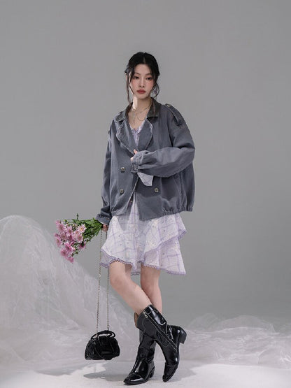Ink Gray Leather Washed Denim Jacket【s0000015741】